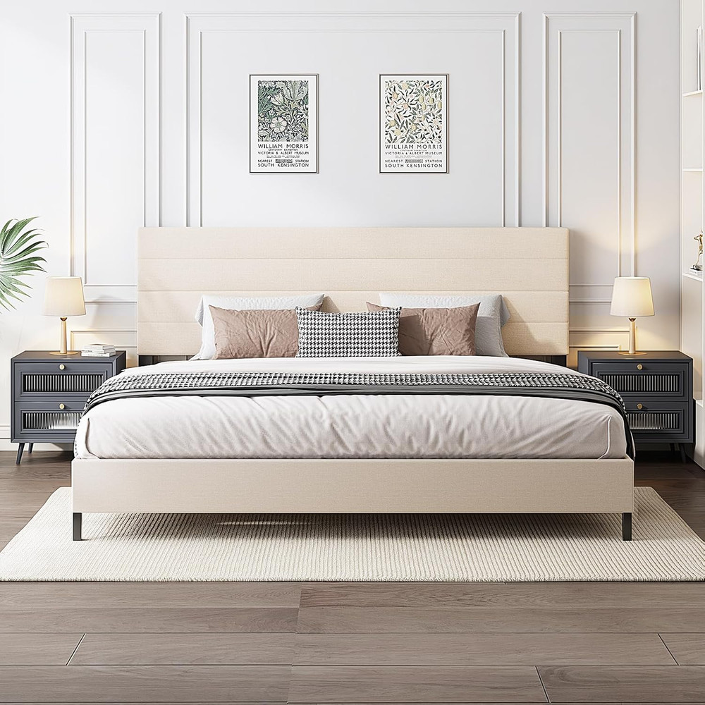 King Size Bed Frame, Modern Upholstered Bed Frame King with Adjustable Linen Hea