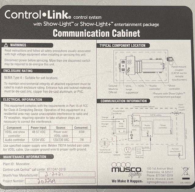 Musco Control Link Control System Communication Cabinet ID# 3-1 4-1
