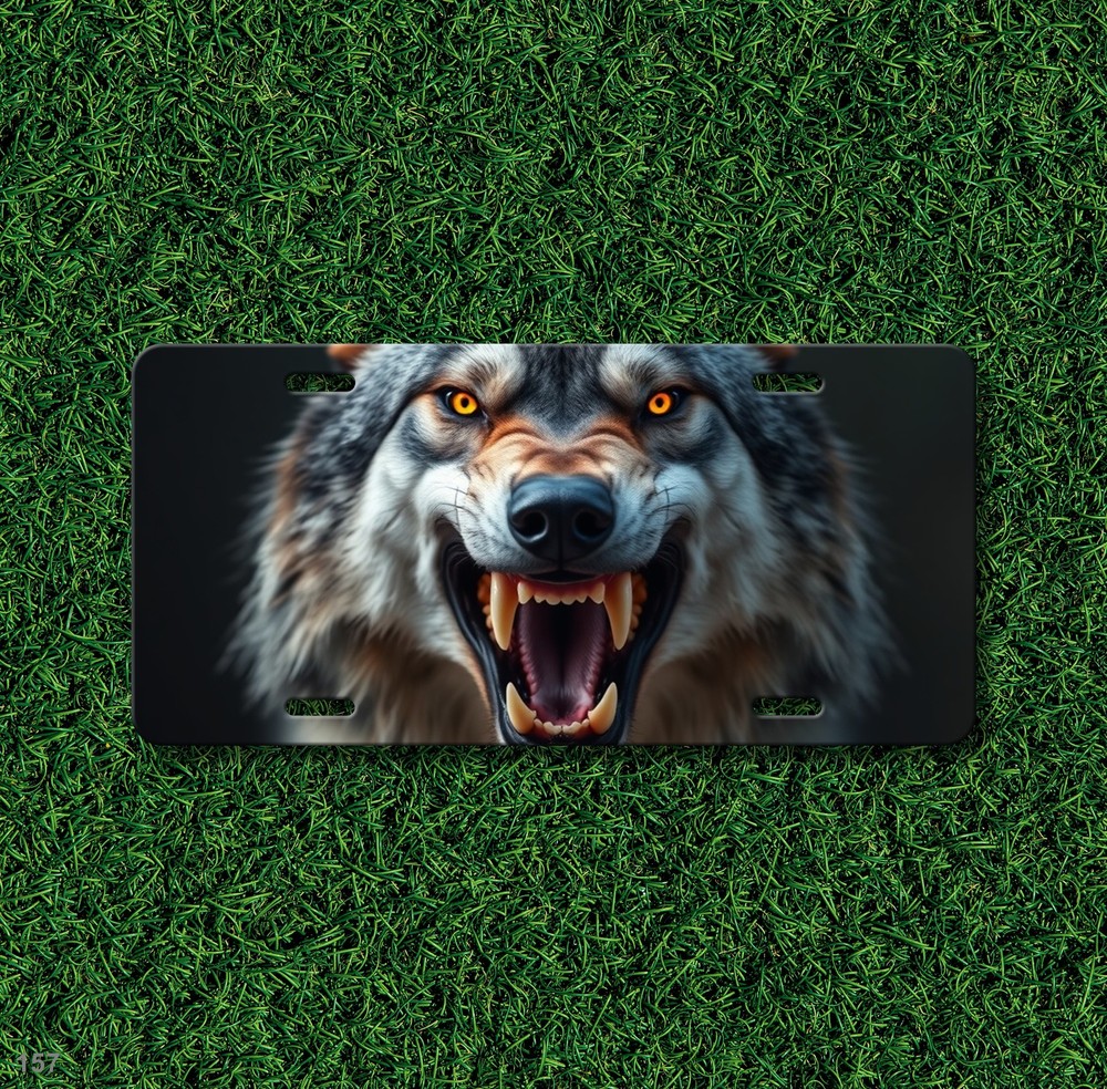 Bold Wolf License Plate with Sharp Teeth Custom Vanity Plate Holiday Gift