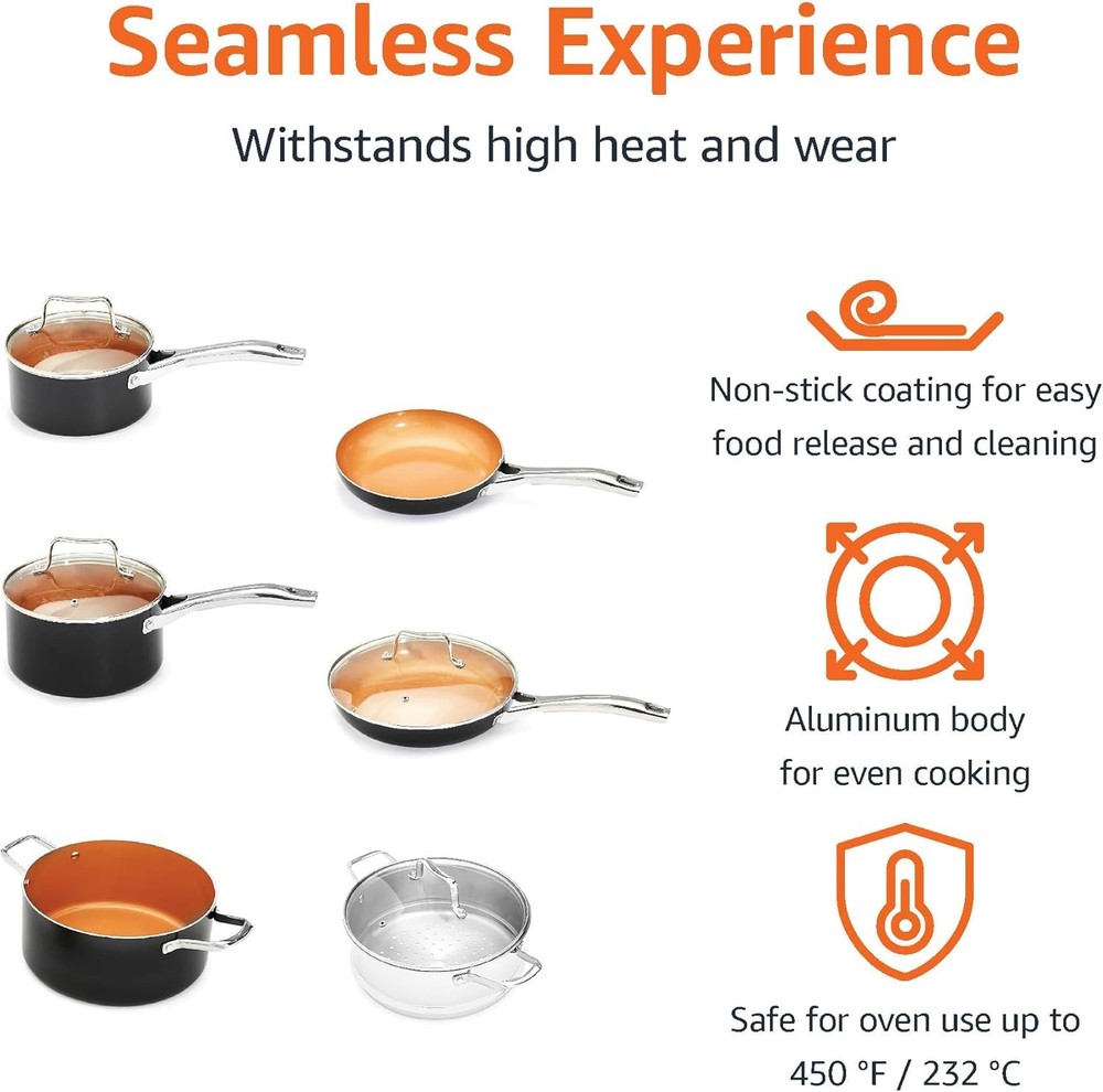 Amazon Basics Ceramic Nonstick Cookware Set, Induction Ready, Dishwasher & Oven