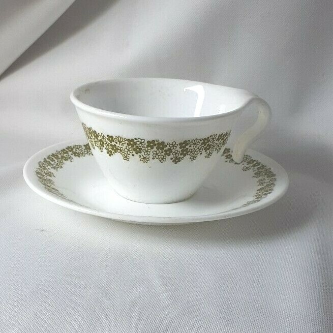 Corelle Corning Green Spring Blossom Flat Cup & Saucer Stackable Hook Handle