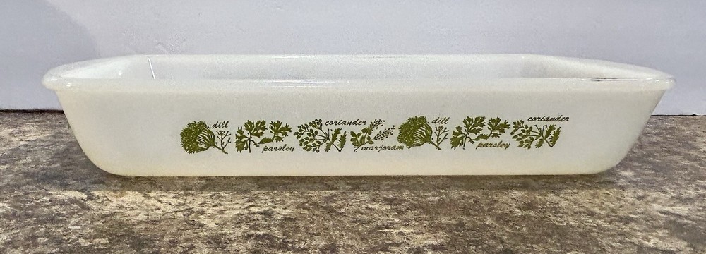 Pyrex Rectangular Glass Loaf Pan White Green Herb Design Dishwasher Safe