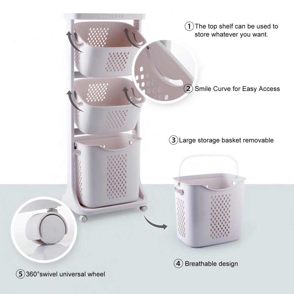 Laundry Basket Sorting Rack Four-Tier Wheeled Design Removable Casters