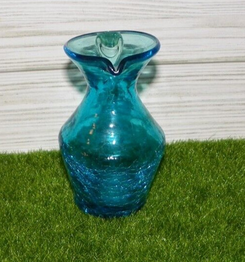 Old~ 4-3/8" Blue Hand Blown Crackle Glass Pitcher & Clear Handle ~ Unknown Maker