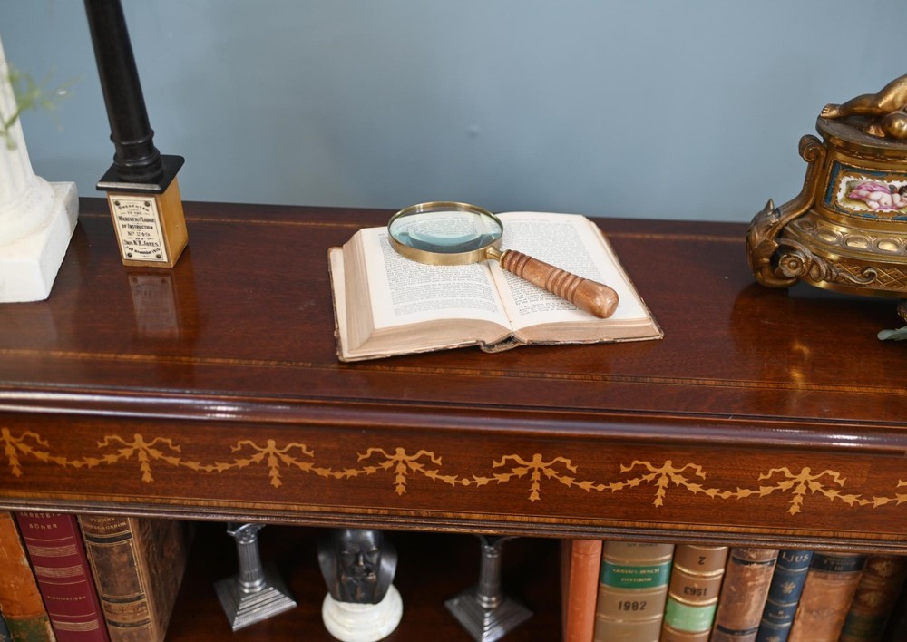 Wide Regency Open Bookcase - Mahogany Inlay Library Study