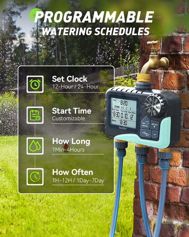 3 Zone Water Timer Waterproof Brass Inlet & Outlet LCD Control