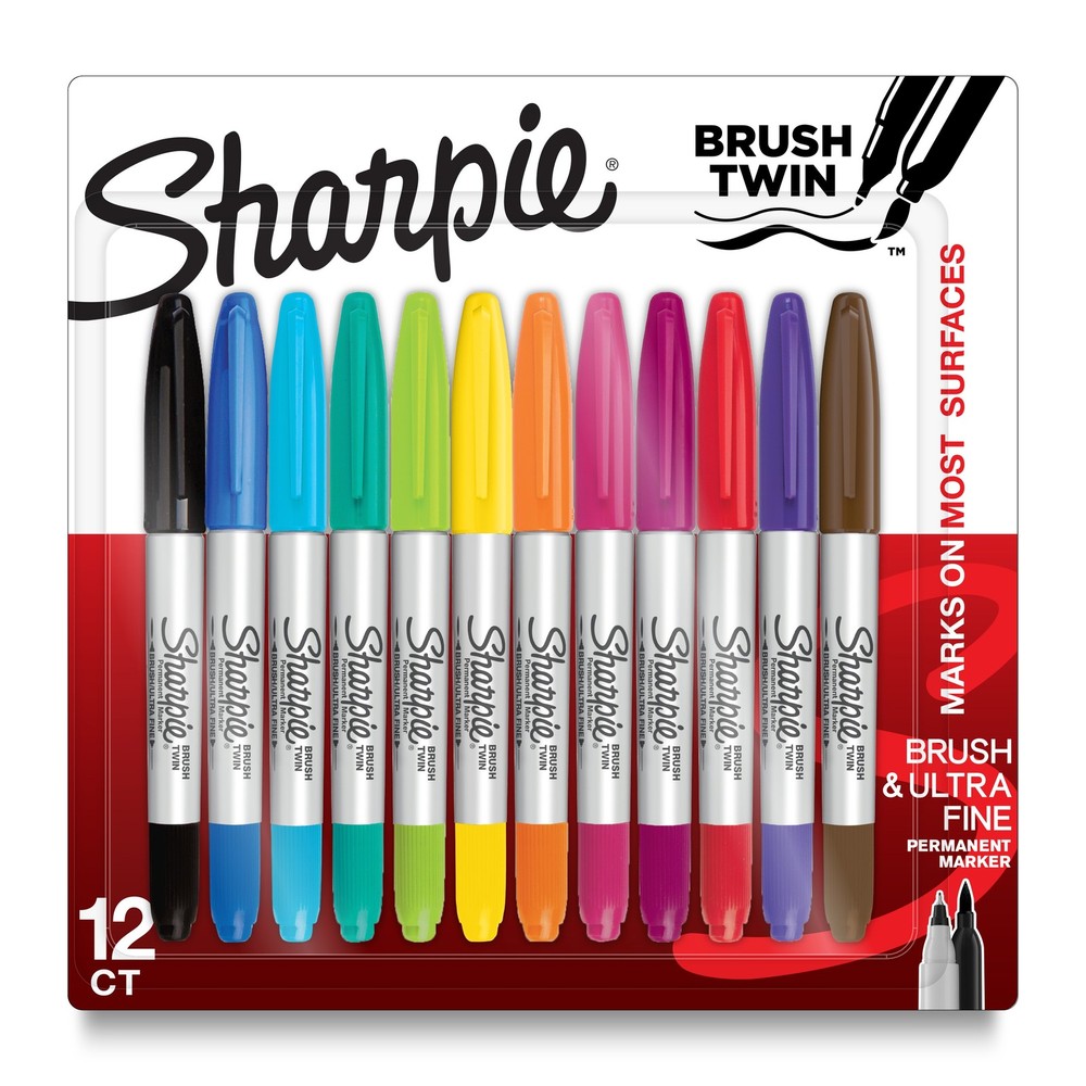 Sharpie Permanent Twin Brush Markers 12/Pkg-Assorted Colors