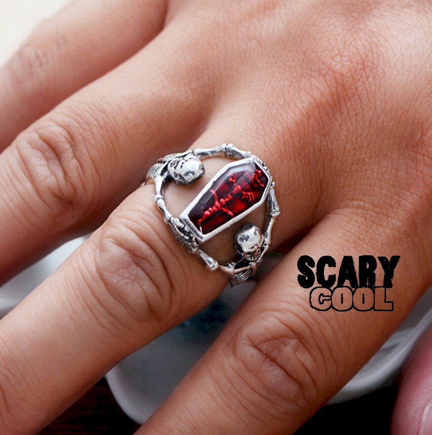 New Skeleton Coffin Vampire Skull Gothic Silver Biker Mens Ring