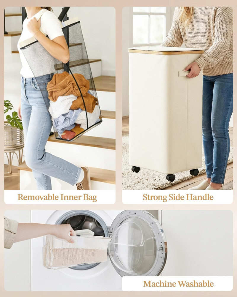 Laundry Hamper with Wheels, 110L Large Clothes Hamper with Removable Inner Bag,