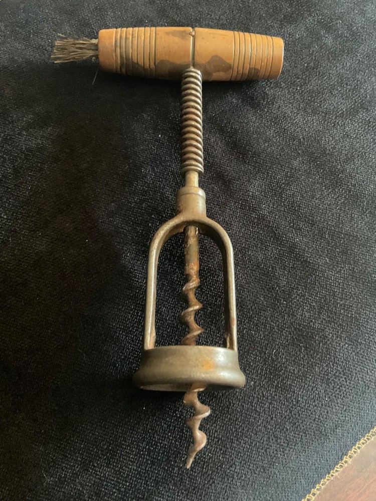 Antique Unique Spring Corkscrew Turned Wood Handle with Brush