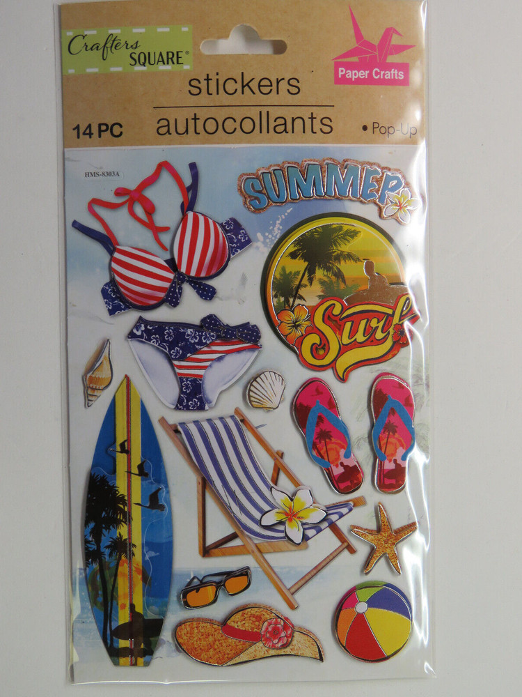14 Crafter's Square Dimensional STICKERS ~ Summer, SURF, Bikini, Beach Shells +