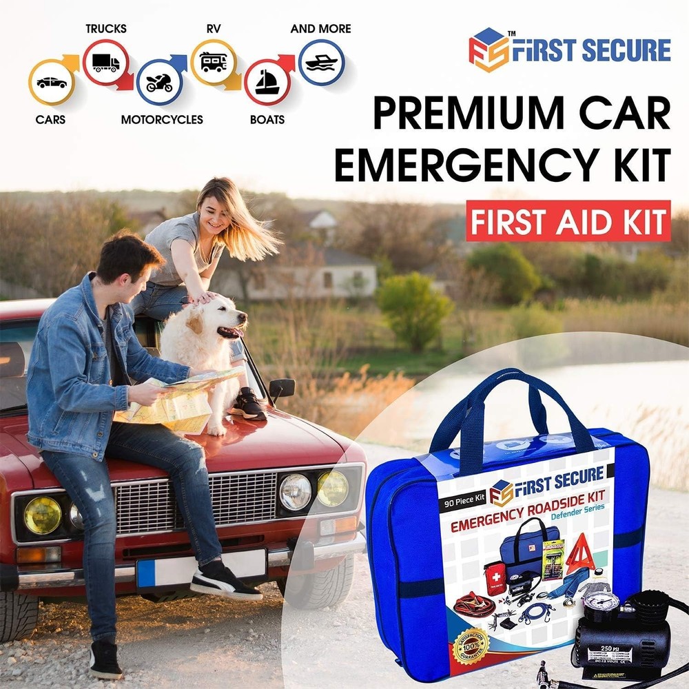 Car Emergency Kit with Air Compressor, First Aid, Tow Strap and More