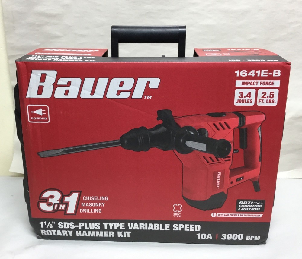 Bauer 1 1/8 “ SDS- Plus Type Variable Speed Rotary Hammer Kit -1641E-B- Free S&H