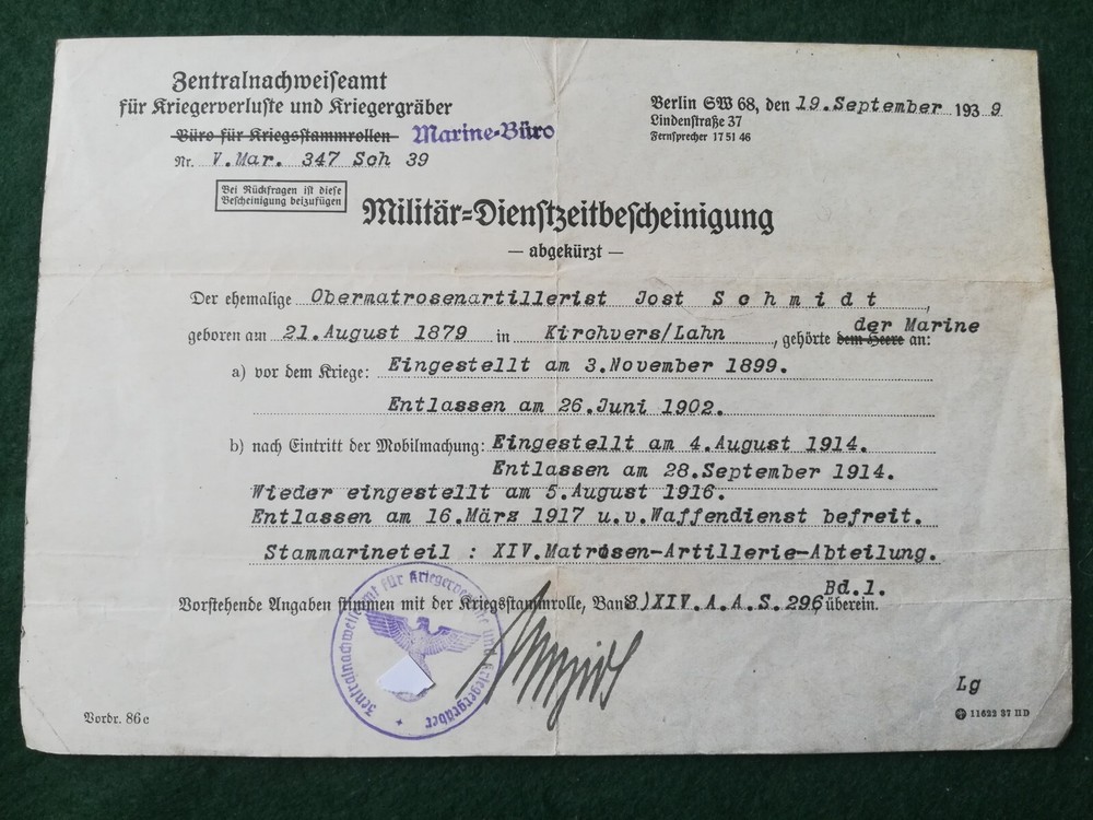 WW2 Dated Certificate For WW1 Naval Artillery Service.