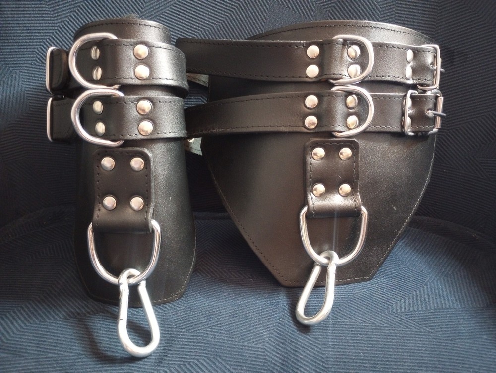 Black Cowhide Leather BDSM Ankle Restraints (pair) with Thick Fur Padding