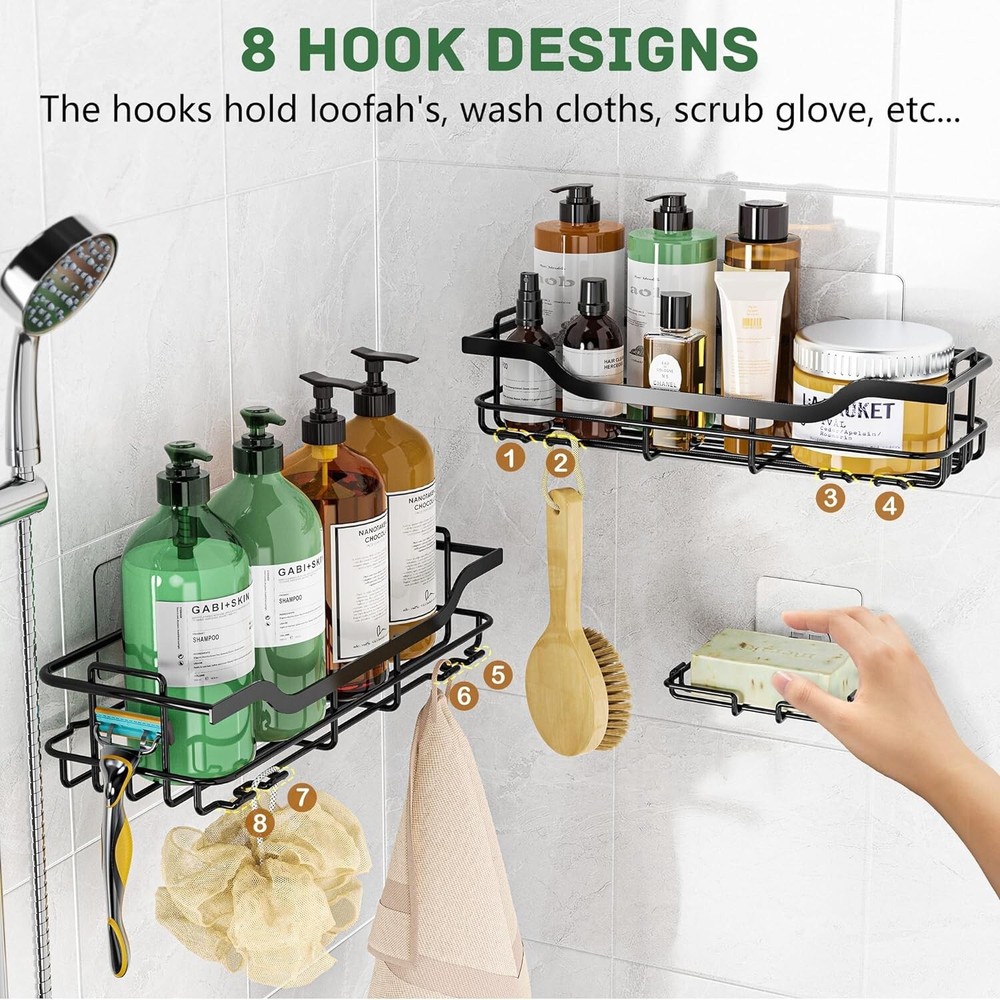 Versatile Rustproof Shower Caddy Set with Easy 2-Step Installation - BlackLarge