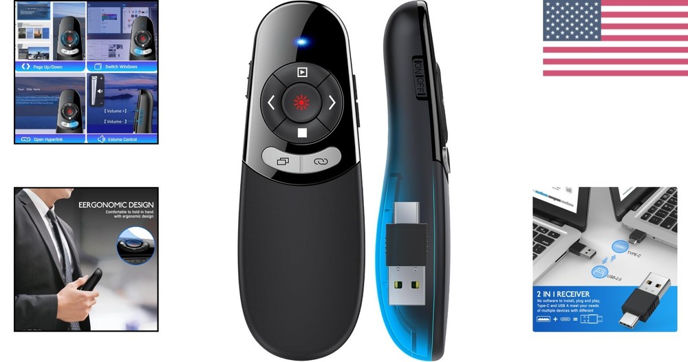 Compact Presentation Clicker with 164FT Wireless Range, USB-A & USB-C Compatible
