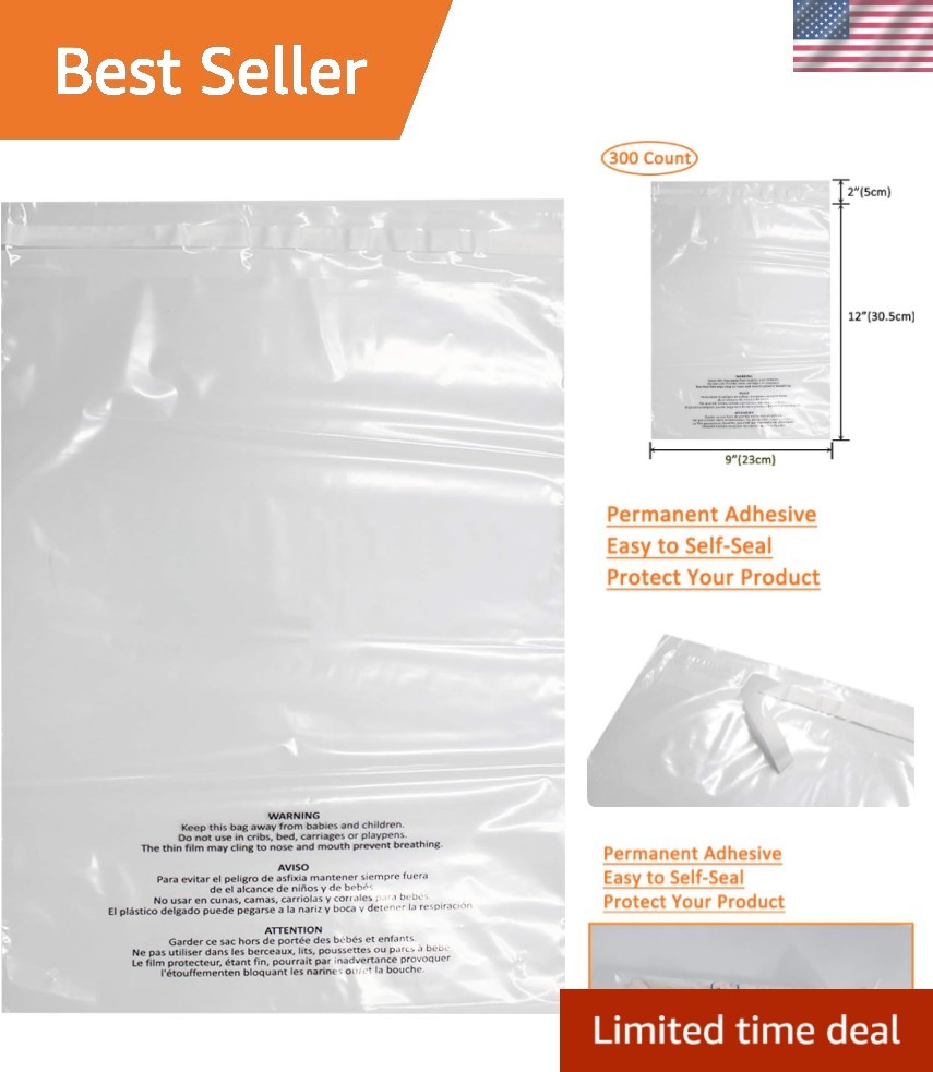 300 Count 9x12 Clear Self-Seal Poly Bags with Suffocation Warning - Durable, ...
