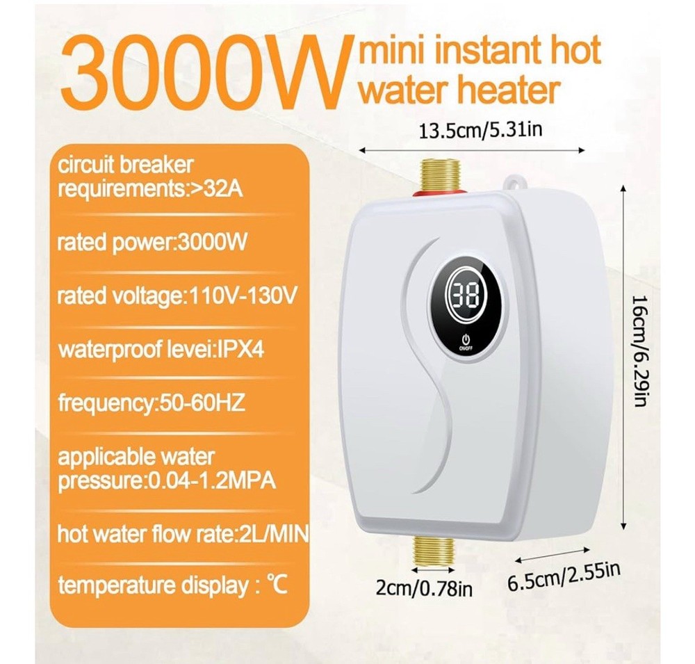 Tankless Water Heater Electric 110V, 3000W Under Sink RV Digital Display NIOB