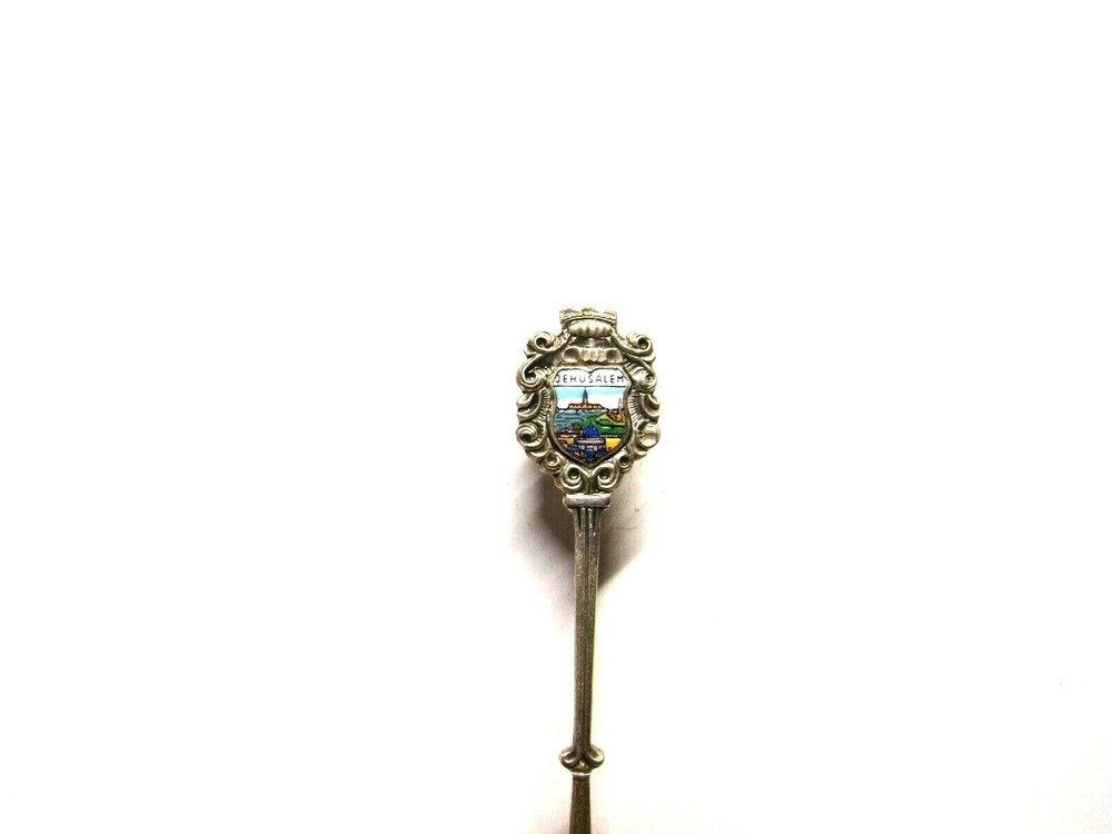 Vtg Collectible Souvenir Spoon Jerusalem Silver Scrolled Pattern Ceramic Inset