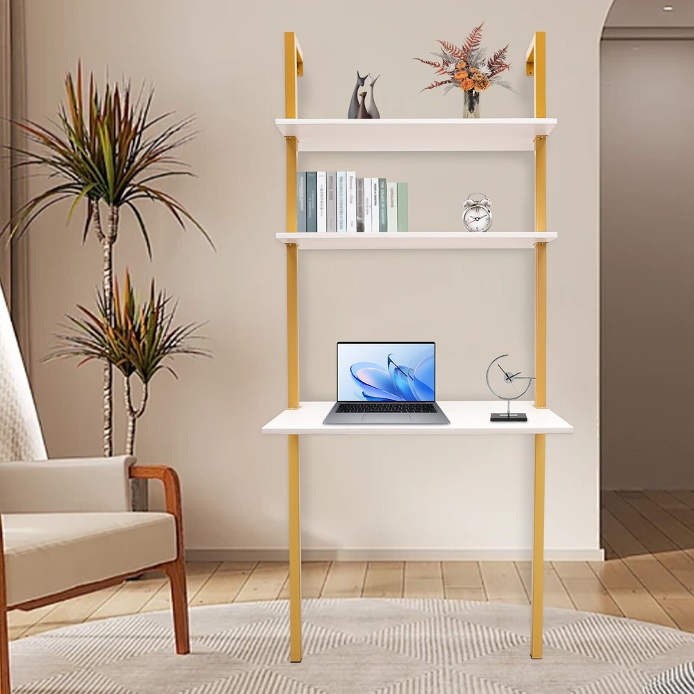 Wall Mount Writing Table 3-tier Computer Desk Storage Home Office w/ Power Strip
