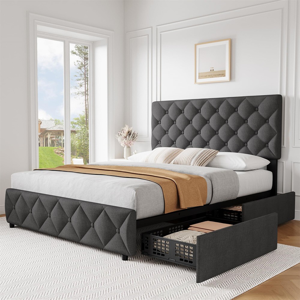 Queen Size Bed Frame with 4 Storage Drawers and Headboard Upholstered Platform