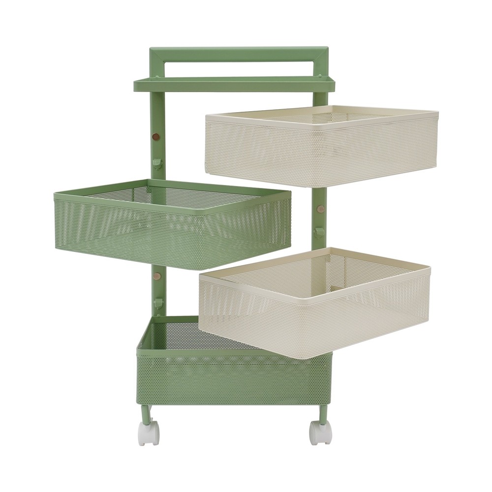 Rotating Storage Rack with Wheels, 4 Baskets, Green Modern Design