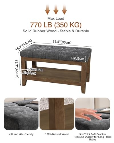 Solid Rubber Wood Shoe Bench, Soft Chenille Material 31.5" Chenille & Dark Gray