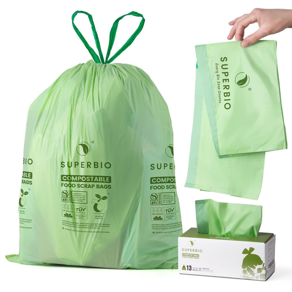 SUPERBIO 13 Gallon Compostable Drawstring Kitchen Waste Bag, 49.2 Liter, 30 C...