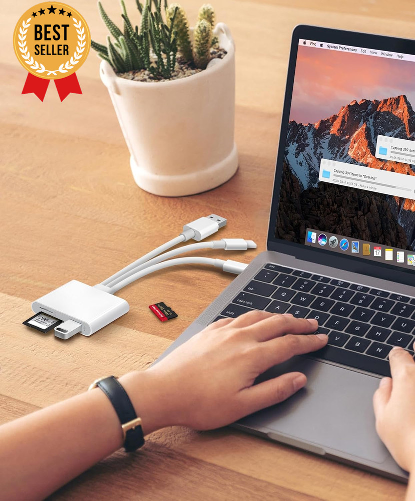 3-in-1 SD Card Reader for iPhone, iPad, Mac, USB-C, USB-A, Lightning, White