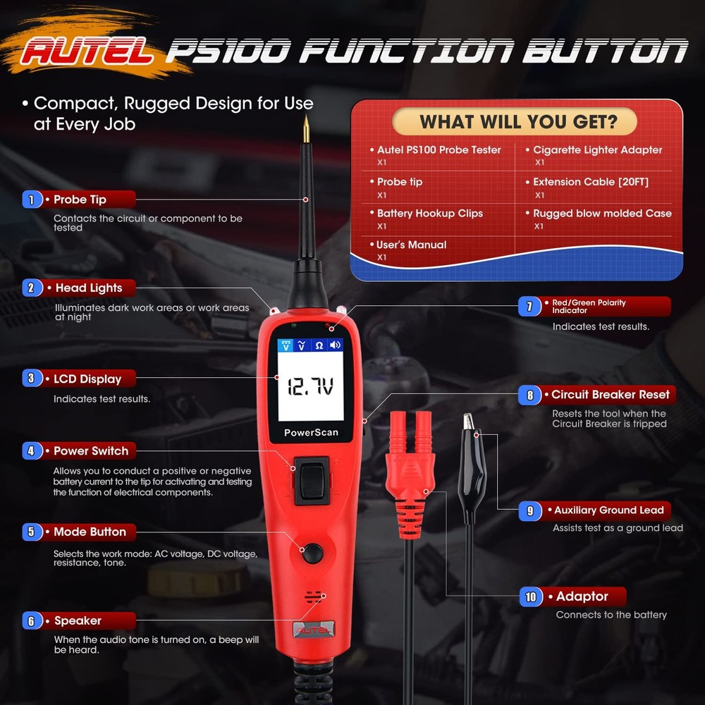 Autel PowerScan PS100 Diagnostic Tool Electrical System 12/24V Circuit Test Lead