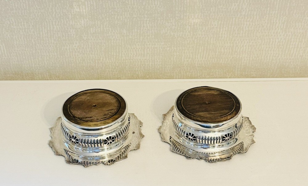 Antique Grape Decorated Silverplate Pair Wine Coasters With Wood Inserts