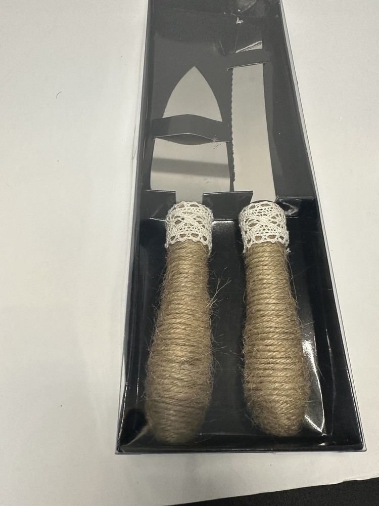 Studio His & Hers Rustic-Style Wedding Cake Knife & Server Set Jute Twine - NEW