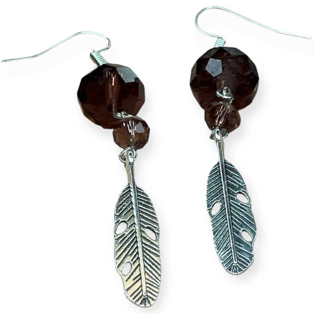 Red Stone Faceted Bead Silver Tone Boho Feathers Dangle 2.25" Long Earrings