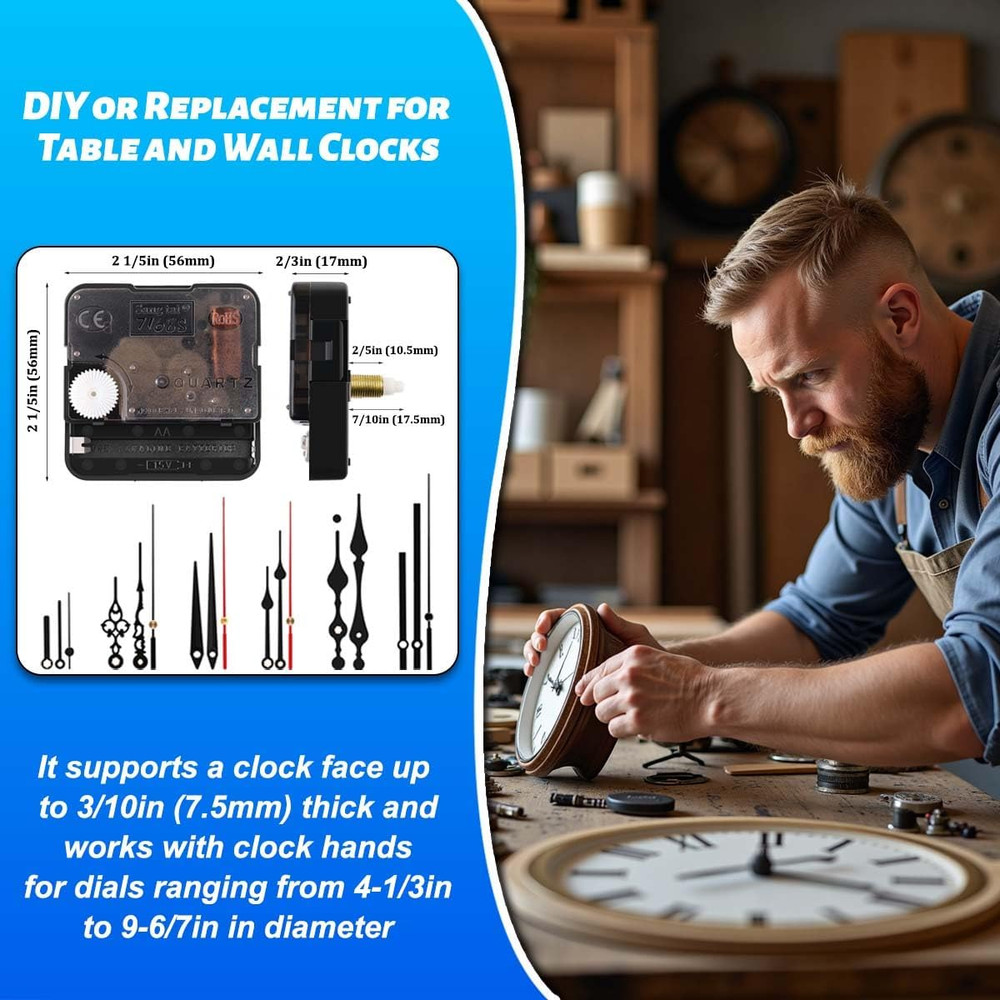 2 Non Ticking Clock Movements with 6 Pack Different Size Clock Hands, DIY Repair