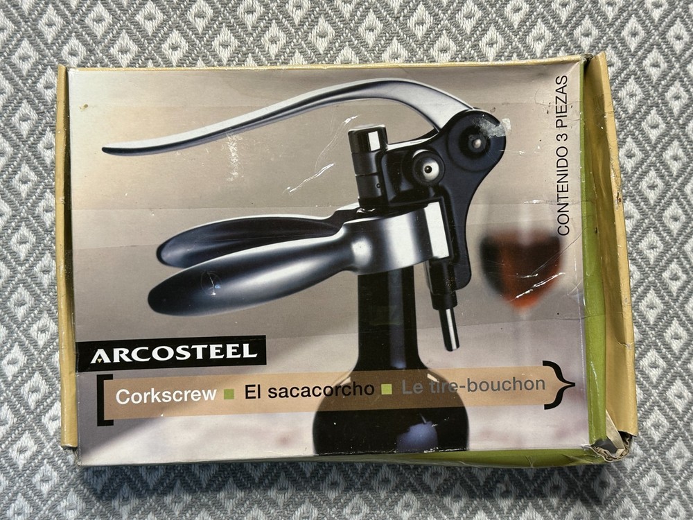 ARCOSTEEL CORKSCREW INCLUDES FOIL CUTTER AND EXTRA SCREW OPEN BOX