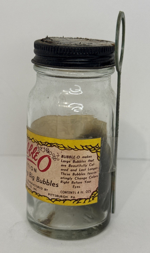 Vintage Bubble O Bubble Making Solution Glass Bottle w/ Plastic Blower
