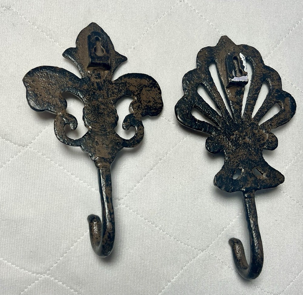 Metal Wall Hook Set 2 Curtain Tie Back Hook Fleur De Lis Rustic Heavy 8”