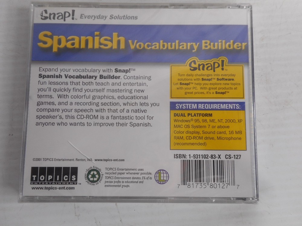 SNAP! Spanish Vocabulary Builder Digital Platform Windows 95 , MAC/ PC Sealed!!