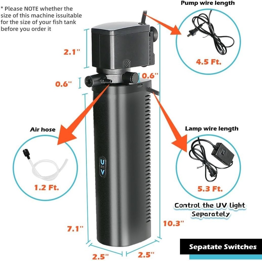 Advanced Internal Aquarium Filter - 200GPH U-V System for 20-100 Gallon Tanks