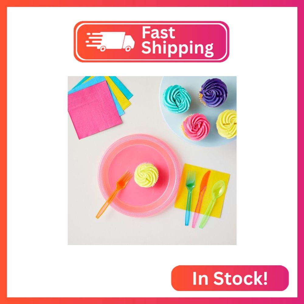 Juvale Rainbow Plastic Silverware Set - Disposable Neon Party Utensils - Disposa