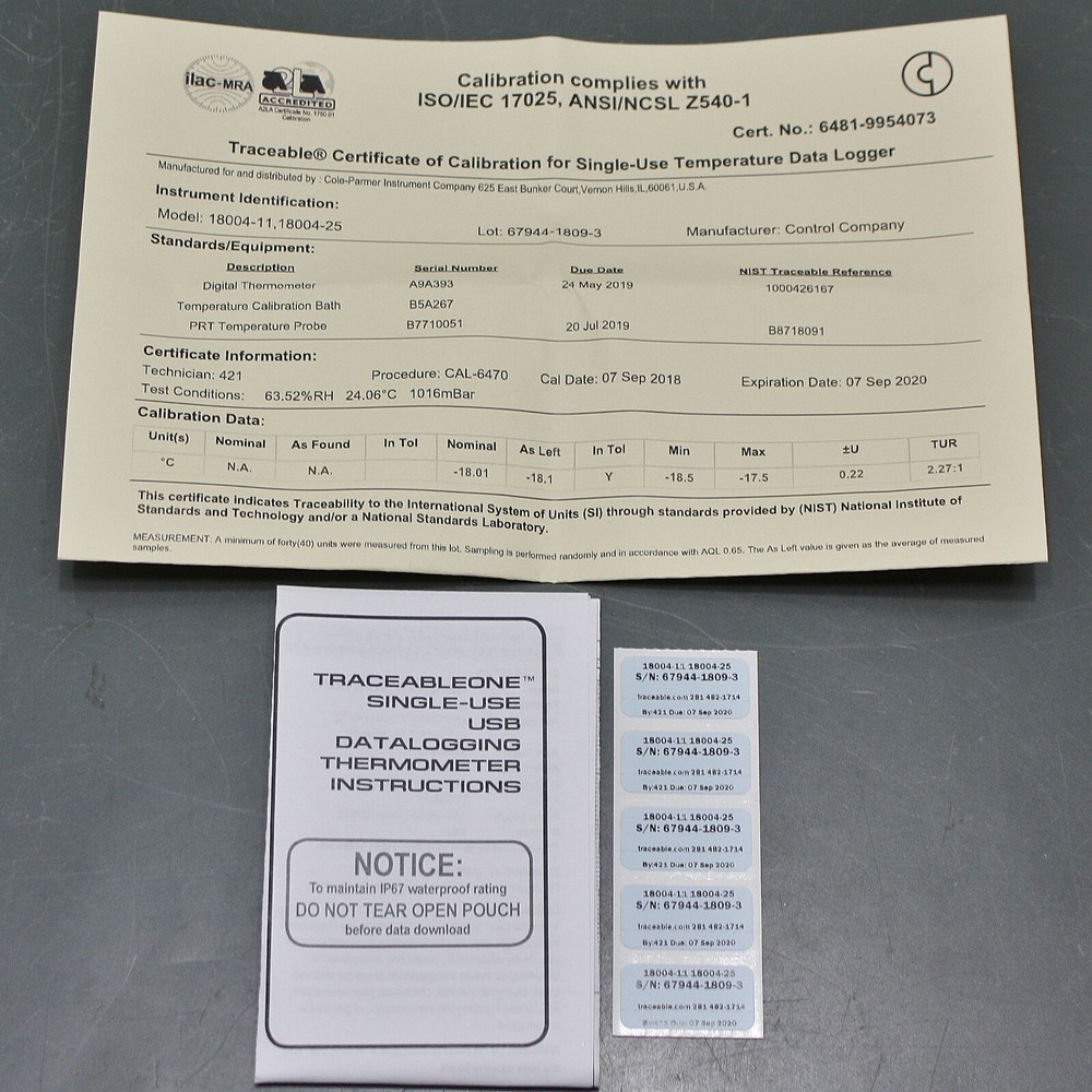 Traceable USB Temp Data Logger 6481, Single Use Thermometer, -15° C, -20° C