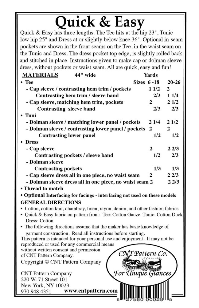 Quick & Easy Tee, Tunic, Dress Pattern by Karen Nye CNT Pattern Co