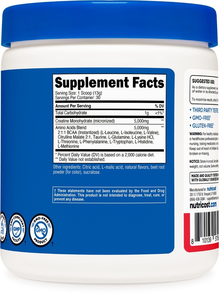 Nutricost Creatine + Aminos 30 Servings (Fruit Punch Flavored)