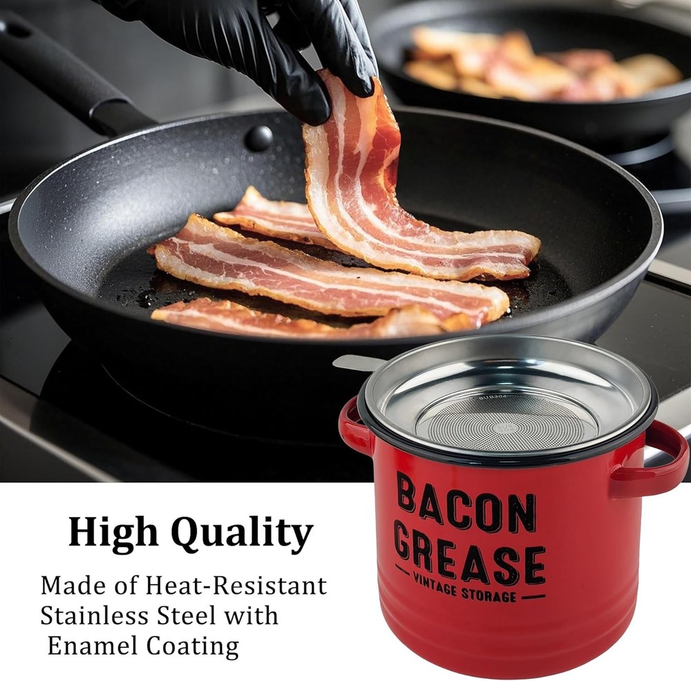 Bacon Grease Container with Strainer - Large Red Kitchen Oil Storage Can - Red