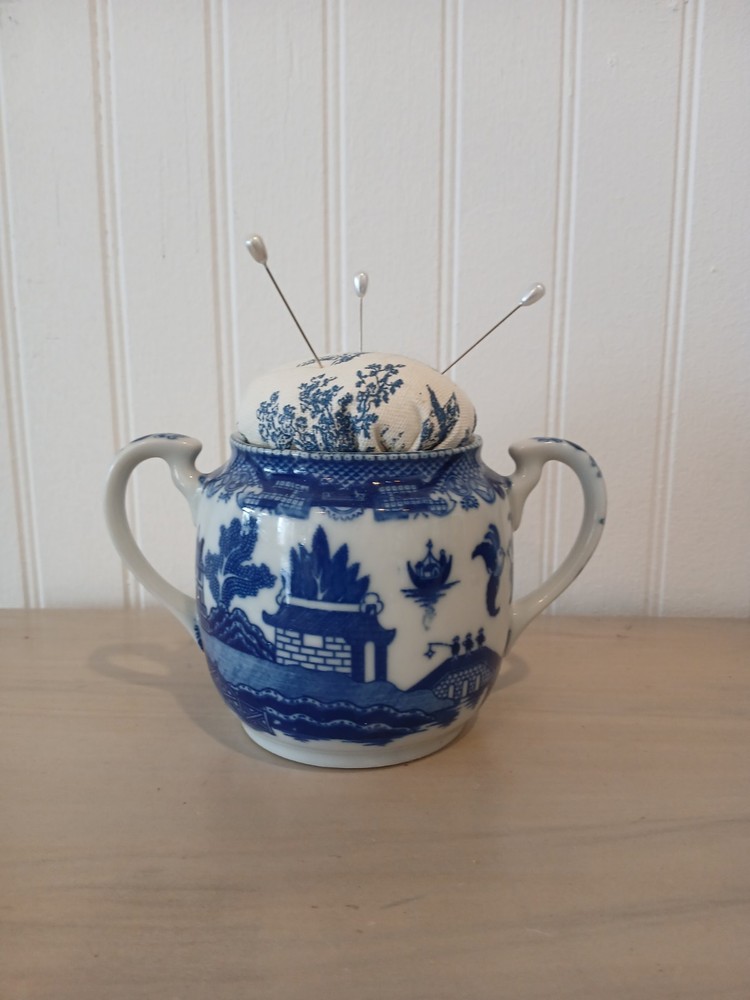 Blue Willow Pincushion Upcycled Sugar Bowl