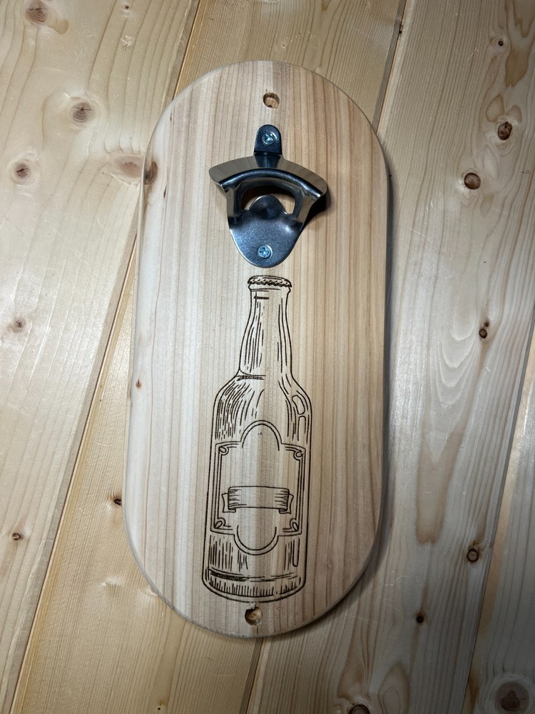 Cedar Wall Mounted Bottle Opener | Rustic Engraved Wood Bar Decor