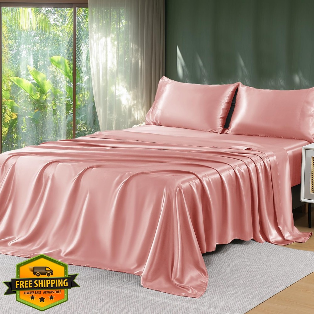 Sasttie King Satin Sheets Rose Pink 4pc Soft Smooth Set
