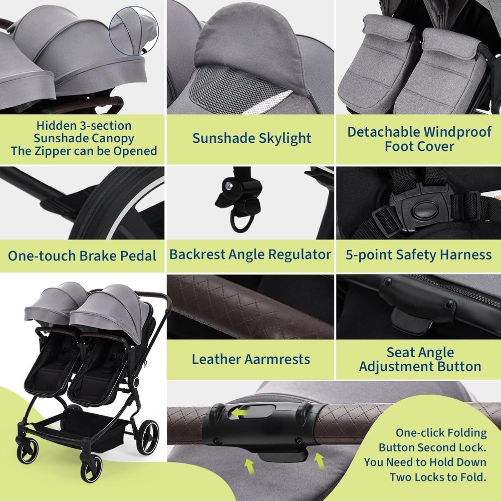 Side by Side Double Stroller Lightweight Compact Foldable Baby Travel Stroller