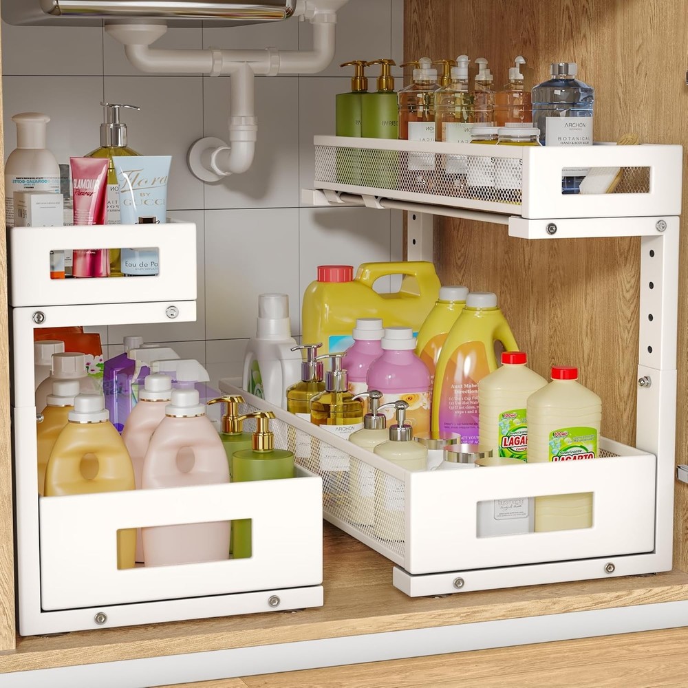 2-Pack Under Sink Storage Organizer Large 2-Tier Elegant Mesh Pull Out Shelf